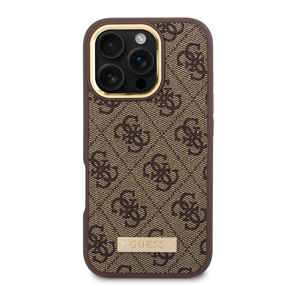Capa MagSafe para Apple iPhone 16 Pro, Guess, 4G Logo Plate, Castanho