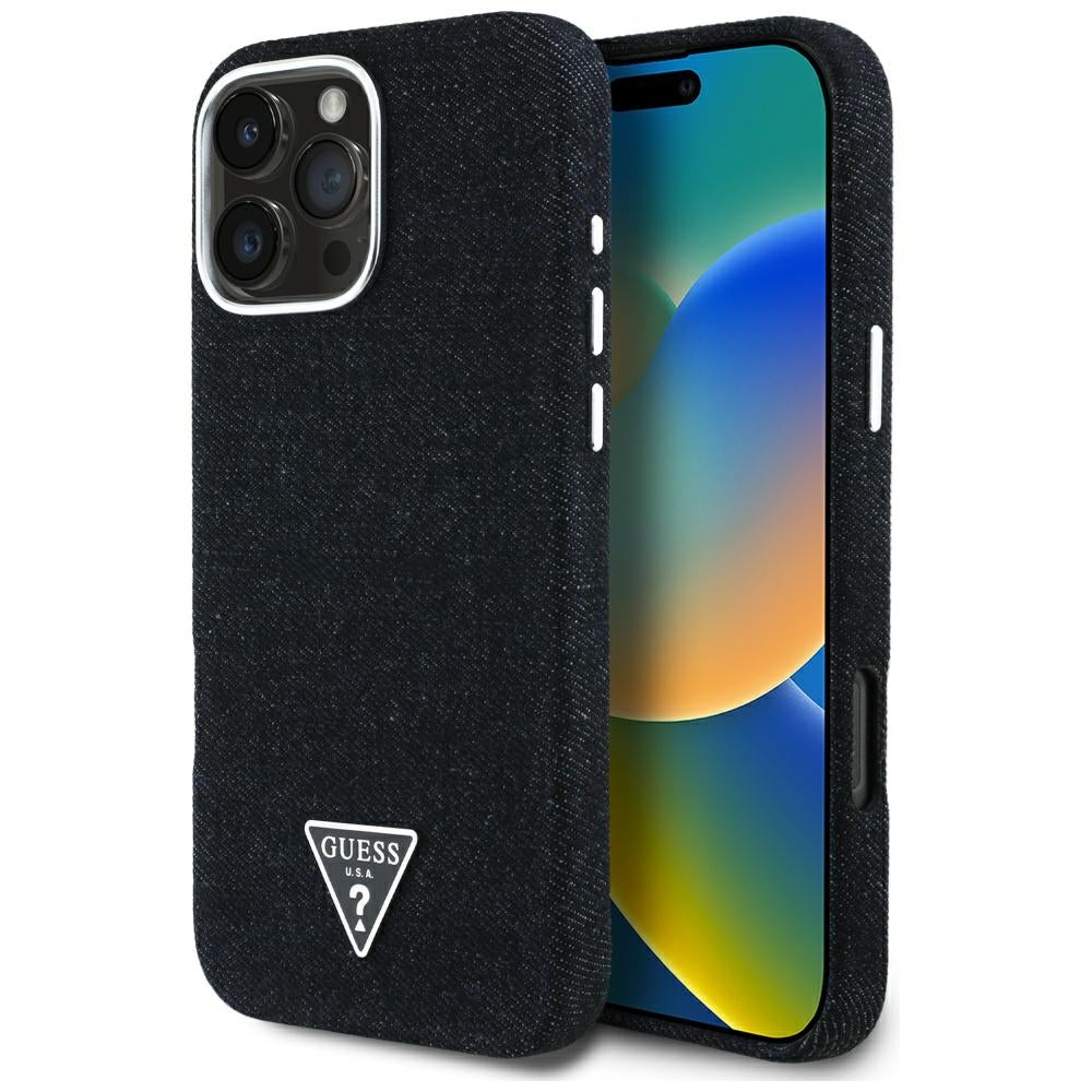 Capa MagSafe para Apple iPhone 16 Pro, Guess, Logotipo Triângulo em Denim, Preta