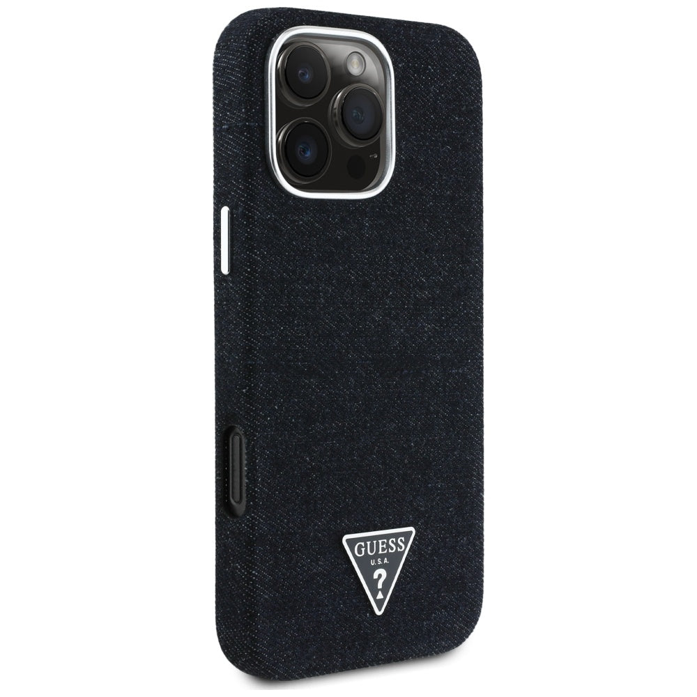 Capa MagSafe para Apple iPhone 16 Pro, Guess, Logotipo Triângulo em Denim, Preta