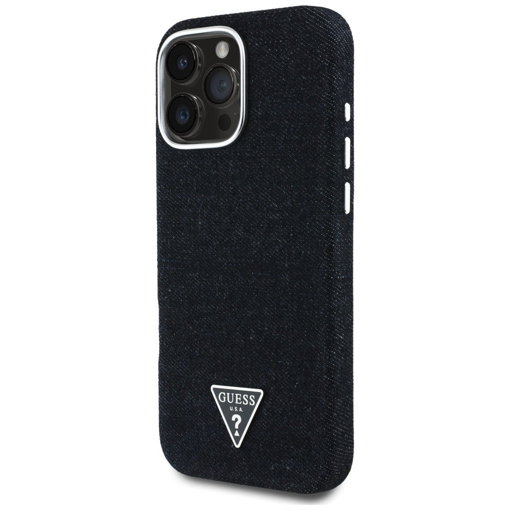 Capa MagSafe para Apple iPhone 16 Pro, Guess, Logotipo Triângulo em Denim, Preta