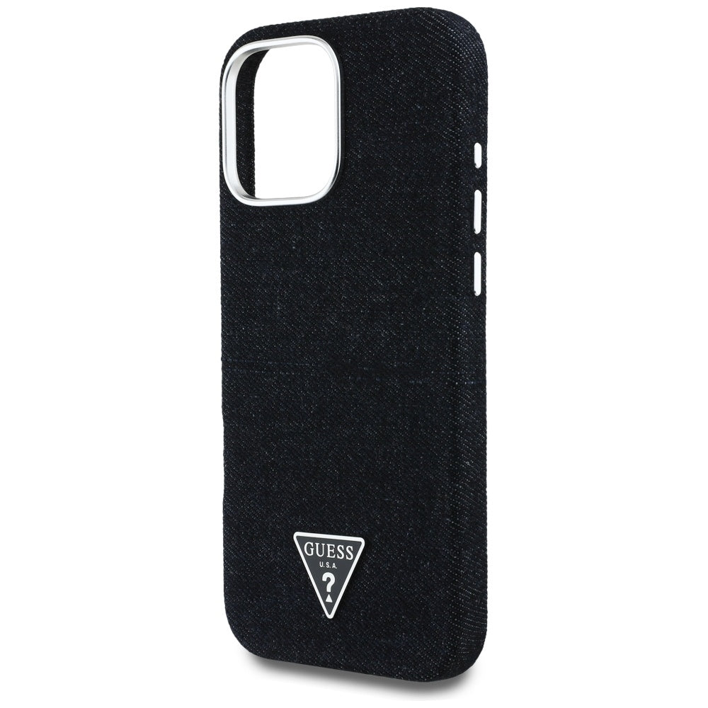 Capa MagSafe para Apple iPhone 16 Pro, Guess, Logotipo Triângulo em Denim, Preta