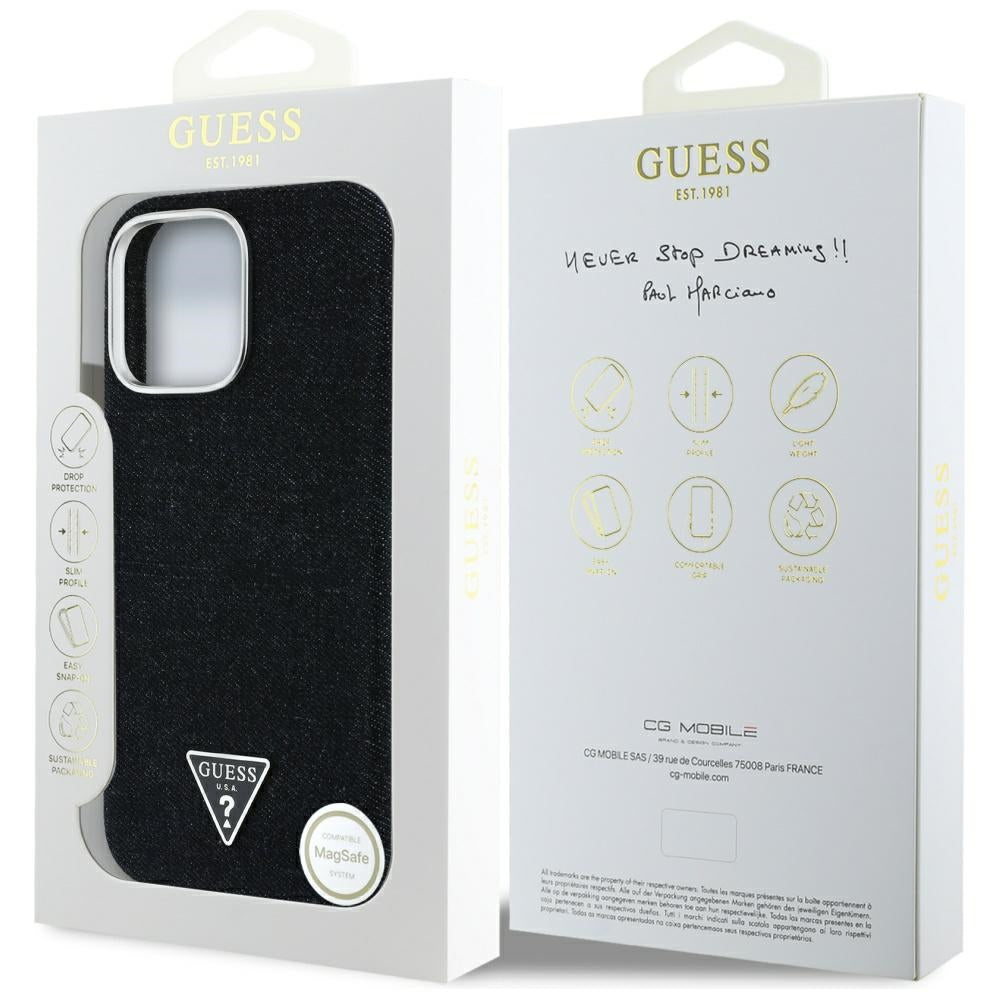 Capa MagSafe para Apple iPhone 16 Pro, Guess, Logotipo Triângulo em Denim, Preta