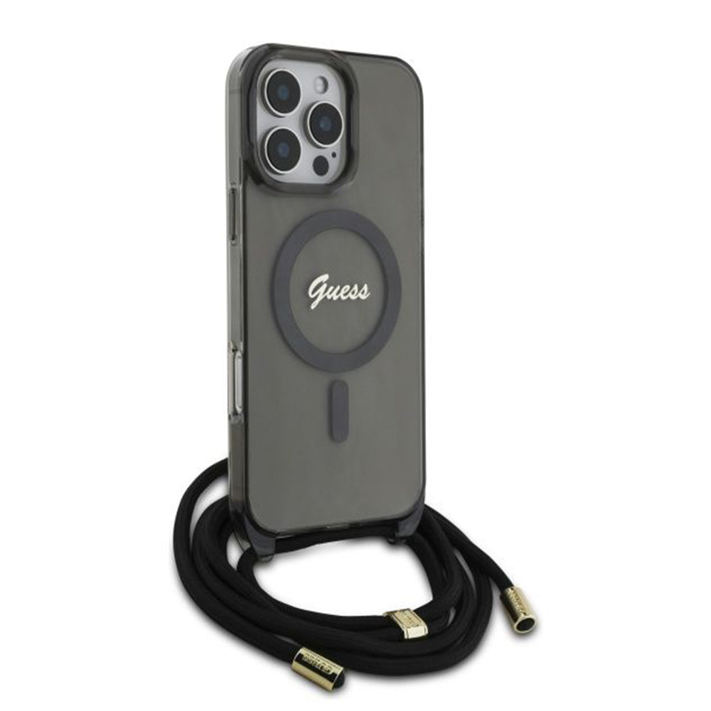 Capa MagSafe para Apple iPhone 16 Pro, Guess, IML Crossbody Cord Script, Preta