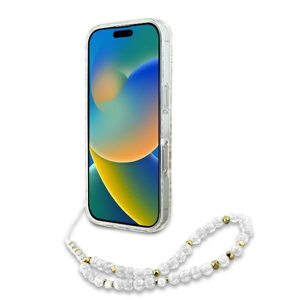 Capa MagSafe para Apple iPhone 16 Pro, Guess, IML Flowers Allover Electroplated with Pearl Strap, Branca