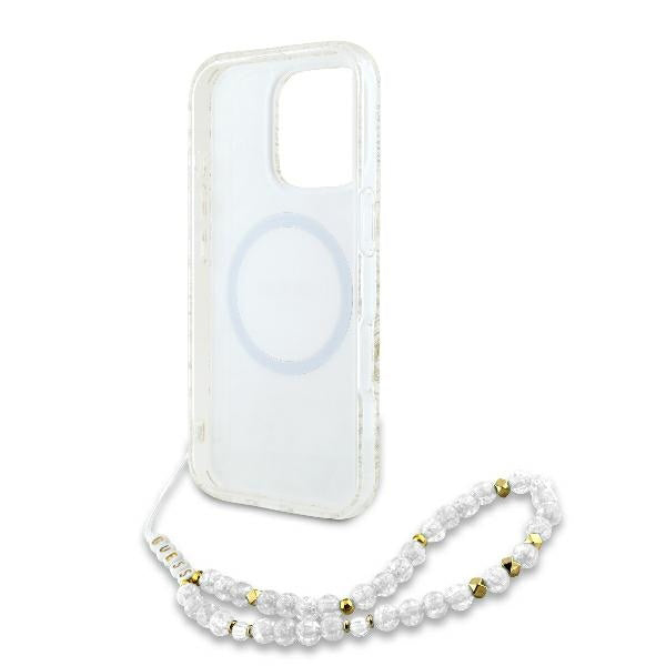 Capa MagSafe para Apple iPhone 16 Pro, Guess, IML Flowers Allover Electroplated with Pearl Strap, Branca