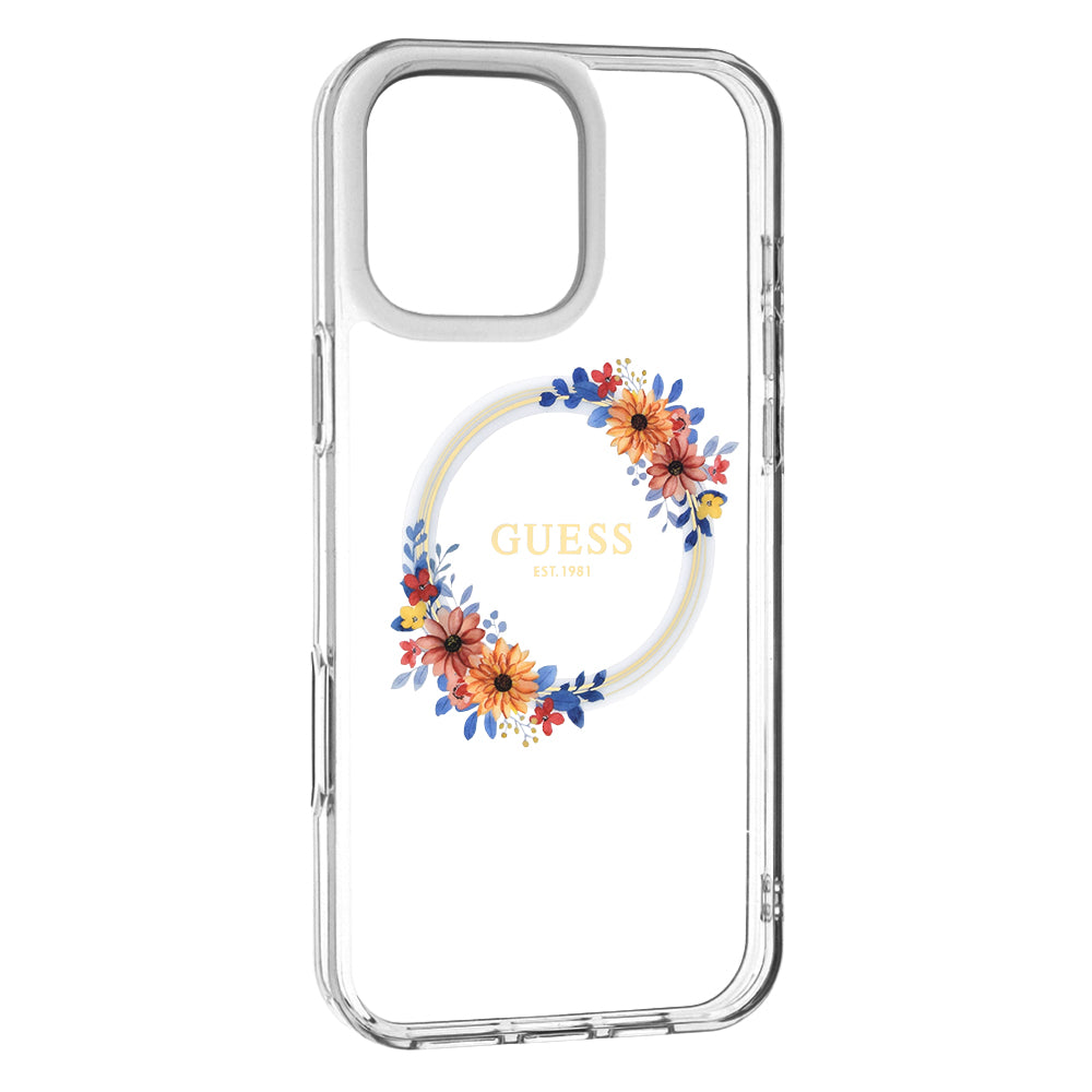 Capa MagSafe para Apple iPhone 16 Pro, Guess, IML Flowers Wreath, Transparente