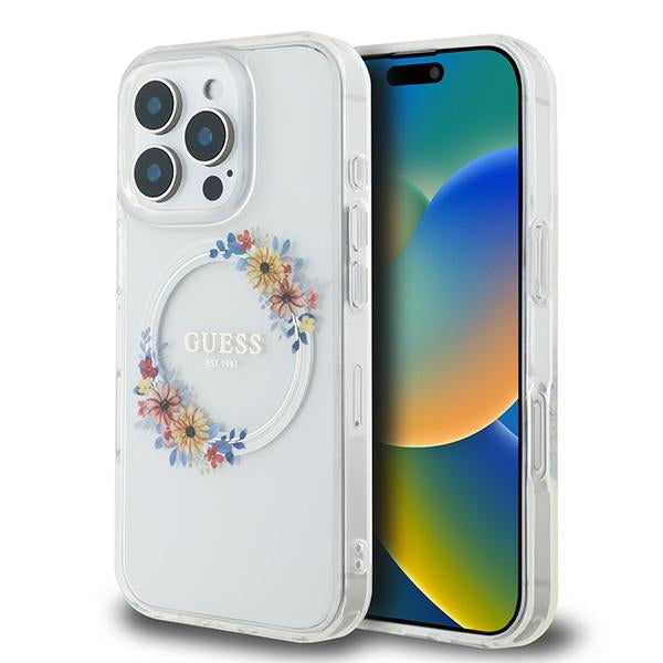 Capa MagSafe para Apple iPhone 16 Pro, Guess, IML Flowers Wreath, Transparente