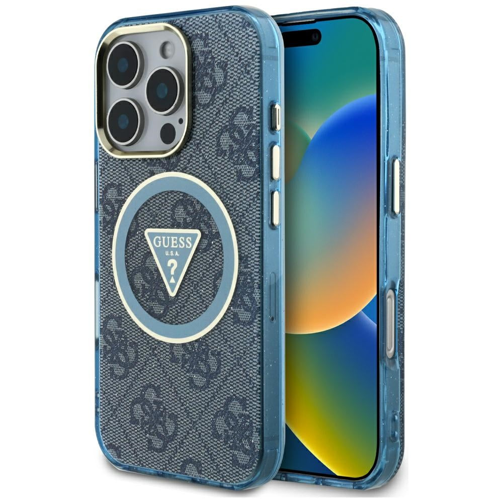Capa MagSafe para Apple iPhone 16 Pro, Guess, IML Glitter 4G Circle Triangle, Azul