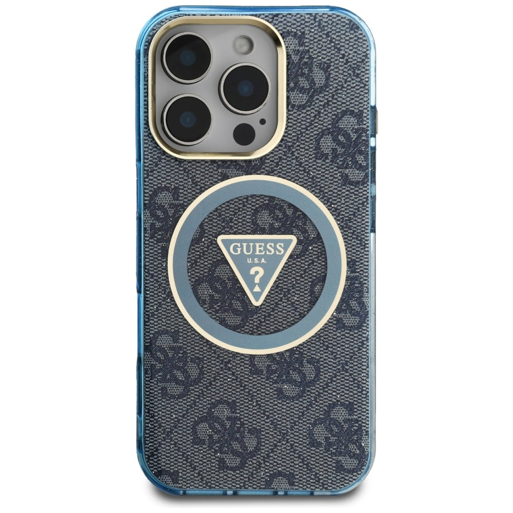 Capa MagSafe para Apple iPhone 16 Pro, Guess, IML Glitter 4G Circle Triangle, Azul