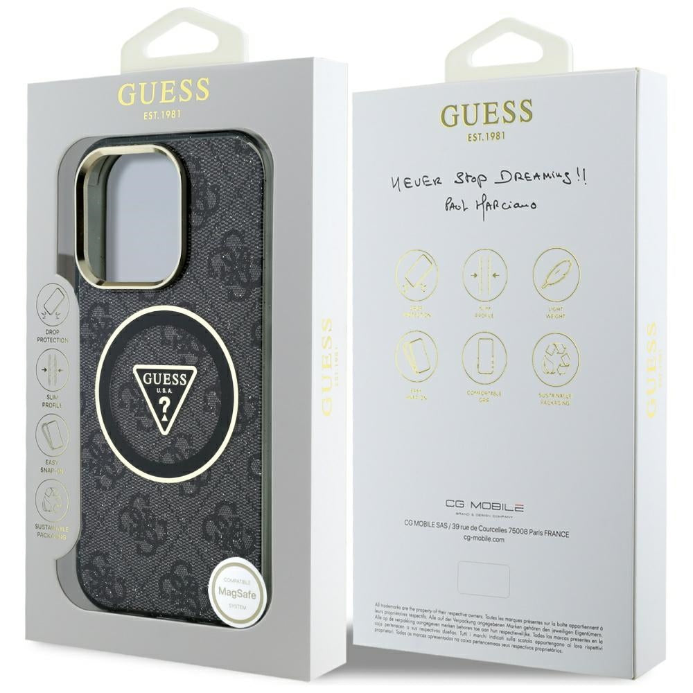 MagSafe Case for Apple iPhone 16 Pro, Guess, IML Glitter 4G Circle Triangle, Black