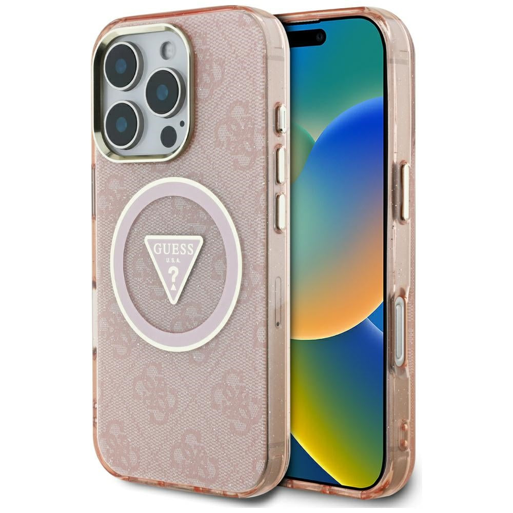 Capa MagSafe para Apple iPhone 16 Pro, Guess, IML Glitter 4G Circle Triangle, Rosa