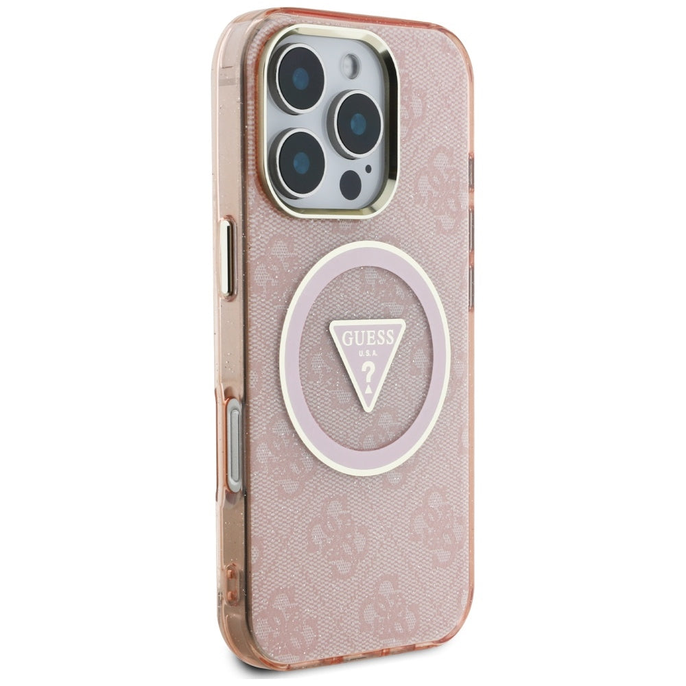 Capa MagSafe para Apple iPhone 16 Pro, Guess, IML Glitter 4G Circle Triangle, Rosa