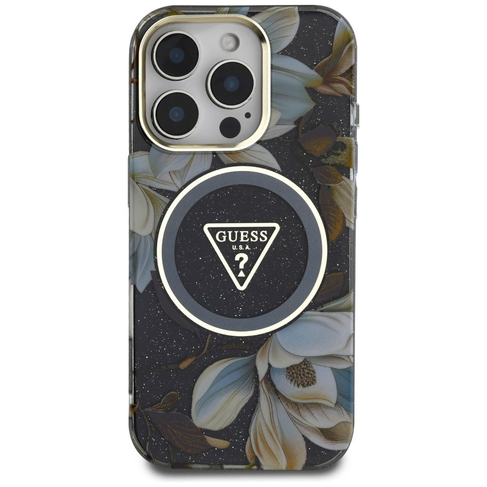 Capa MagSafe para Apple iPhone 16 Pro, Guess, IML Metal Glitter Flowers Triangle, Preta