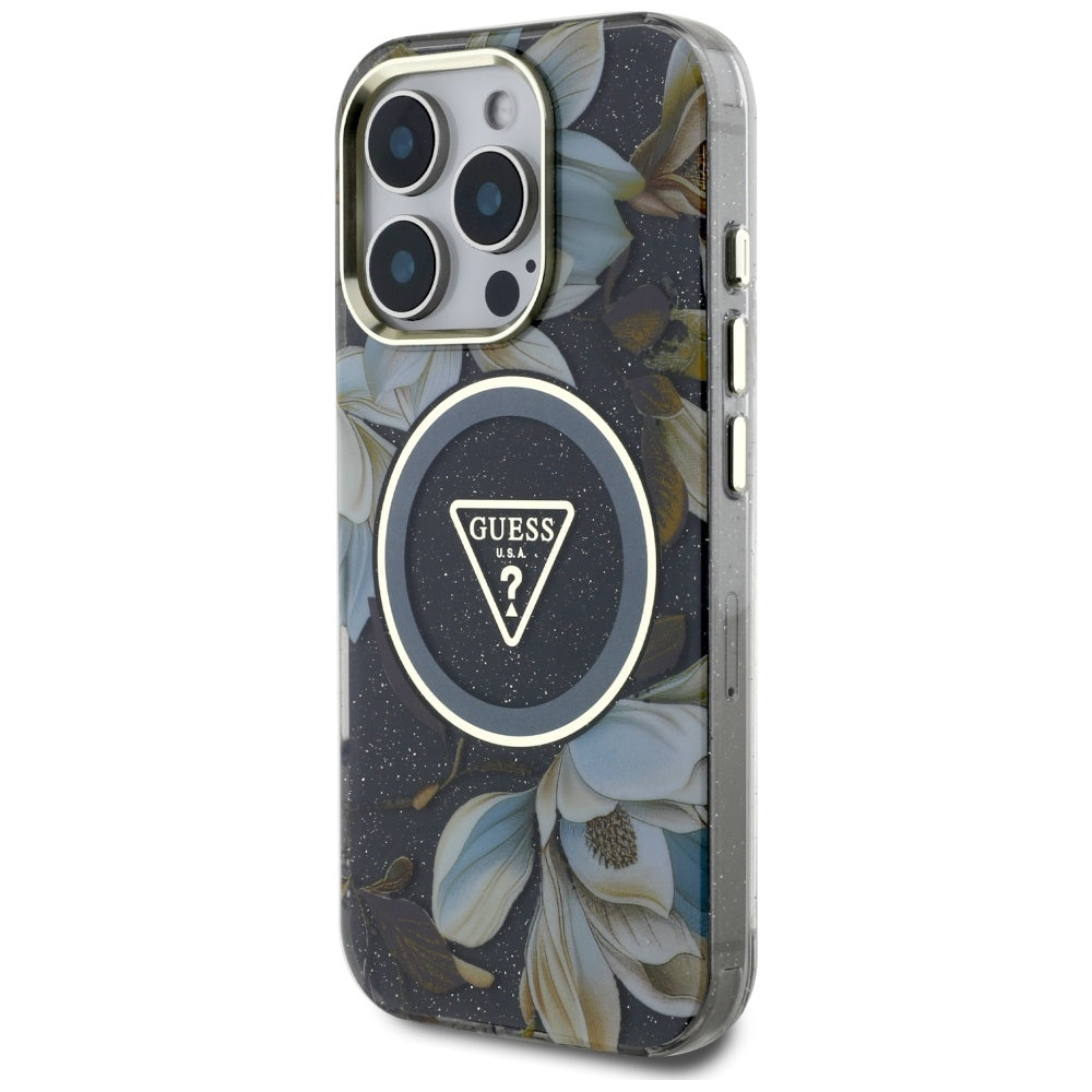 Capa MagSafe para Apple iPhone 16 Pro, Guess, IML Metal Glitter Flowers Triangle, Preta