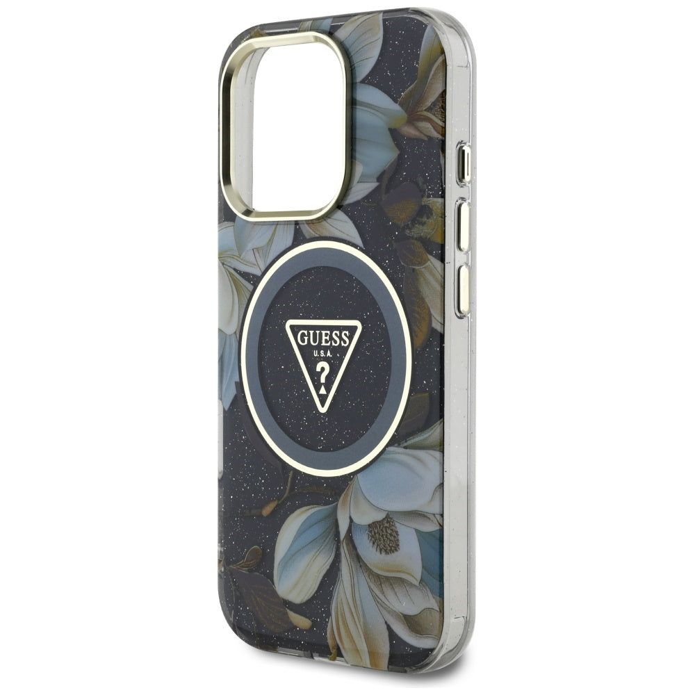 Capa MagSafe para Apple iPhone 16 Pro, Guess, IML Metal Glitter Flowers Triangle, Preta
