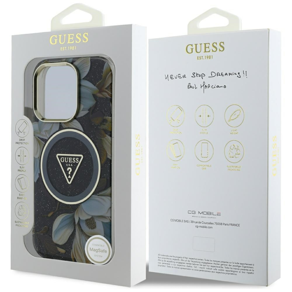 Capa MagSafe para Apple iPhone 16 Pro, Guess, IML Metal Glitter Flowers Triangle, Preta