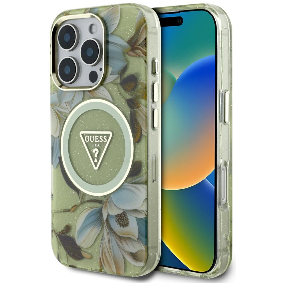 Capa MagSafe para Apple iPhone 16 Pro, Guess, IML Metal Glitter Flowers Triangle, Verde