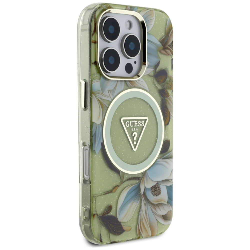 Capa MagSafe para Apple iPhone 16 Pro, Guess, IML Metal Glitter Flowers Triangle, Verde