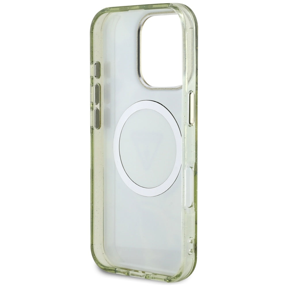 Capa MagSafe para Apple iPhone 16 Pro, Guess, IML Metal Glitter Flowers Triangle, Verde