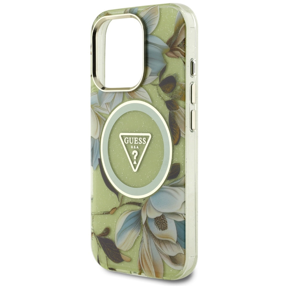 Capa MagSafe para Apple iPhone 16 Pro, Guess, IML Metal Glitter Flowers Triangle, Verde