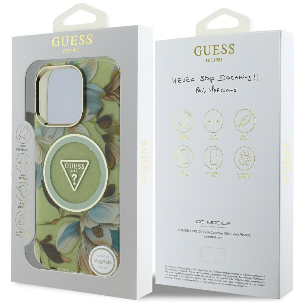 Capa MagSafe para Apple iPhone 16 Pro, Guess, IML Metal Glitter Flowers Triangle, Verde