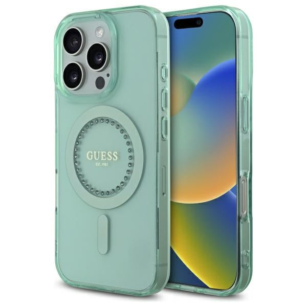 Capa MagSafe para Apple iPhone 16 Pro, Guess, IML Rhinestone, Verde