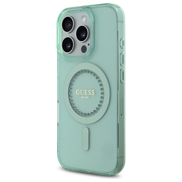 Capa MagSafe para Apple iPhone 16 Pro, Guess, IML Rhinestone, Verde