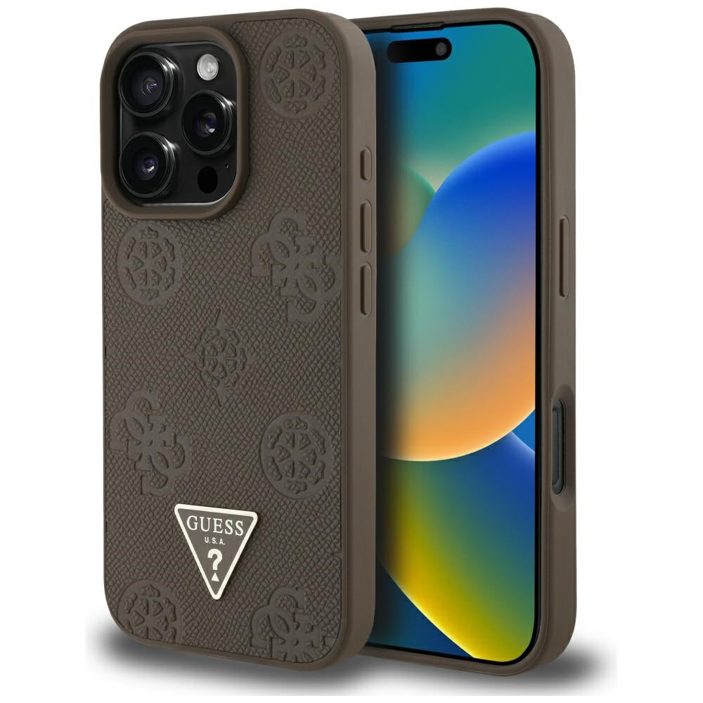 Capa MagSafe para Apple iPhone 16 Pro, Guess, Peony Grained Hot Stamp Triangle, Marrom