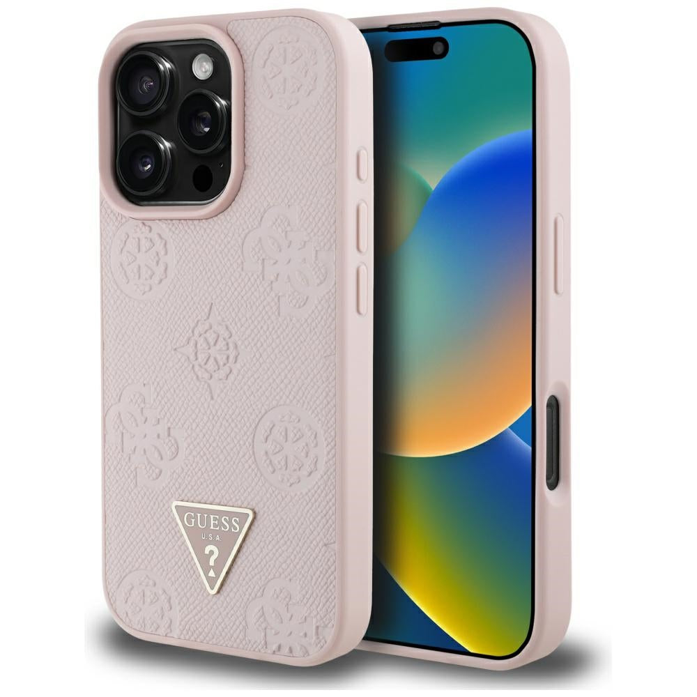 Capa MagSafe para Apple iPhone 16 Pro, Guess, Peony Grained Hot Stamp Triangle, Rosa