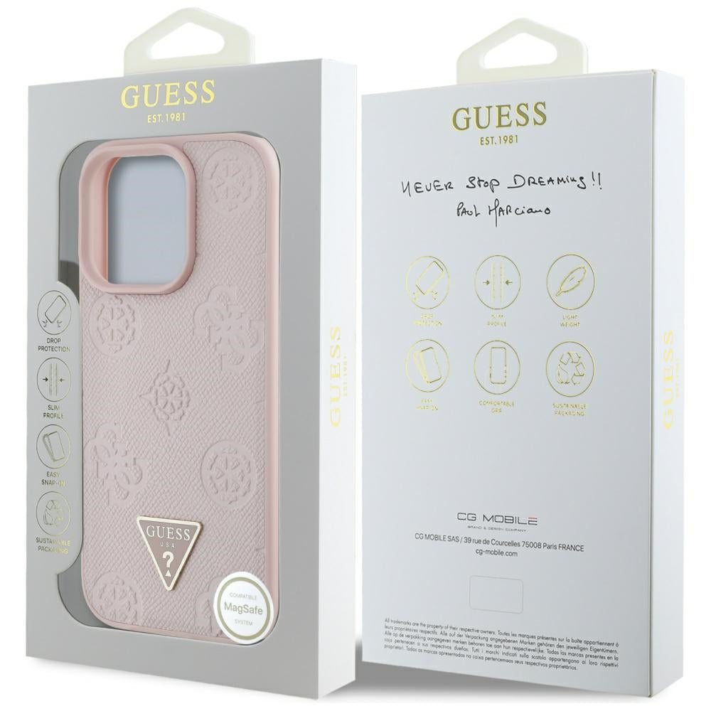 Capa MagSafe para Apple iPhone 16 Pro, Guess, Peony Grained Hot Stamp Triangle, Rosa