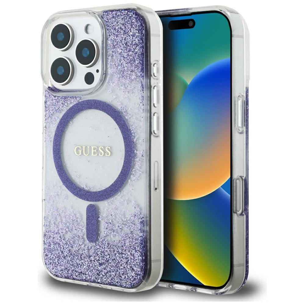 Capa MagSafe para Apple iPhone 16 Pro, Guess, Resin Bottom Glitter, Roxo