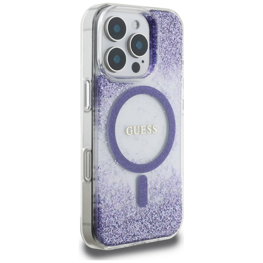 Capa MagSafe para Apple iPhone 16 Pro, Guess, Resin Bottom Glitter, Roxo