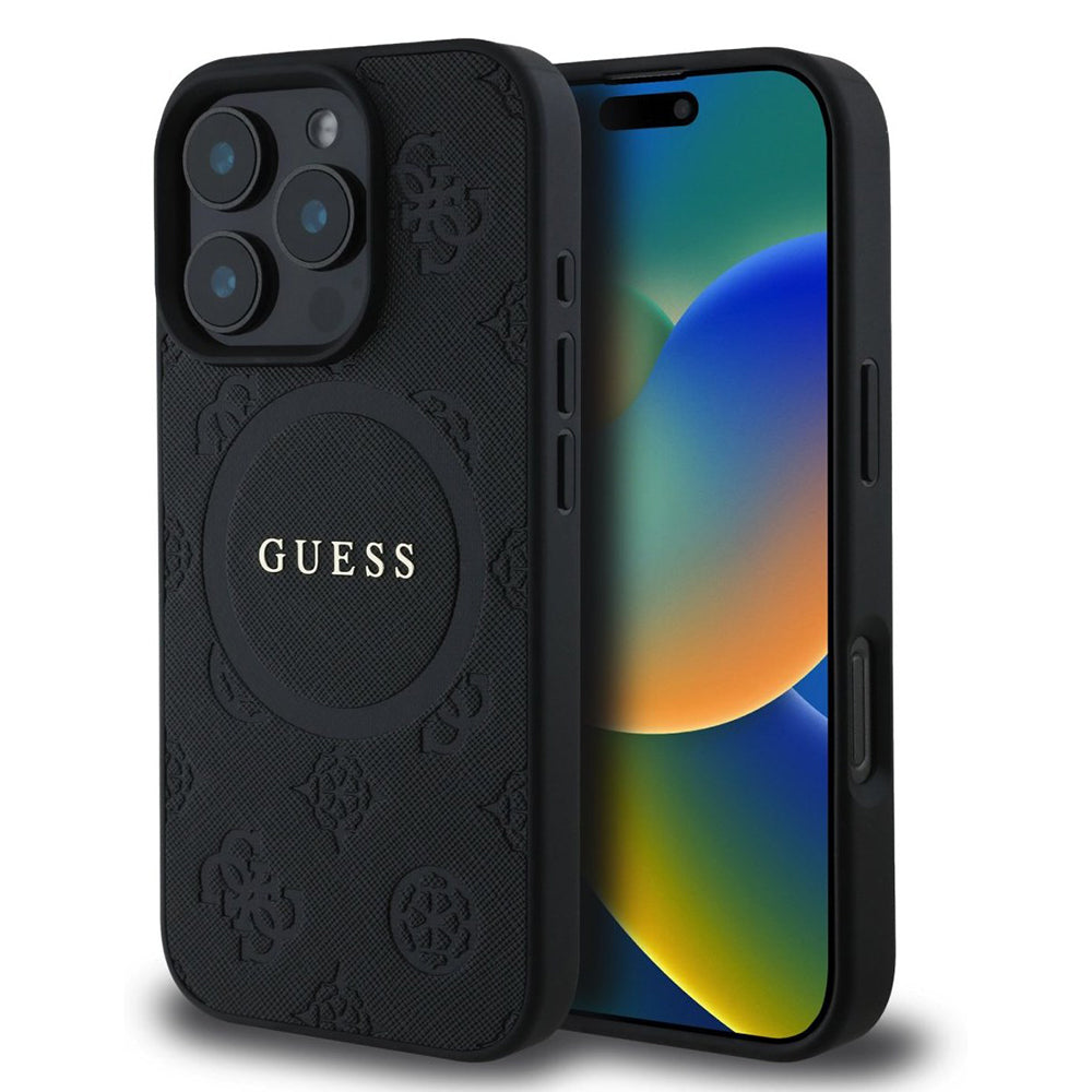Capa MagSafe para Apple iPhone 16 Pro, Guess, Saffiano Peony Classic Logo, Preta