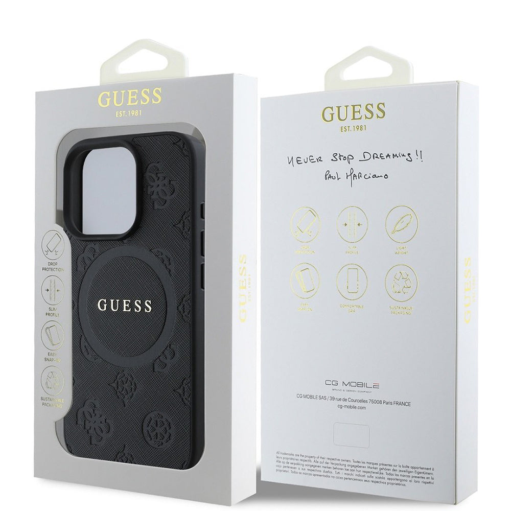 Capa MagSafe para Apple iPhone 16 Pro, Guess, Saffiano Peony Classic Logo, Preta