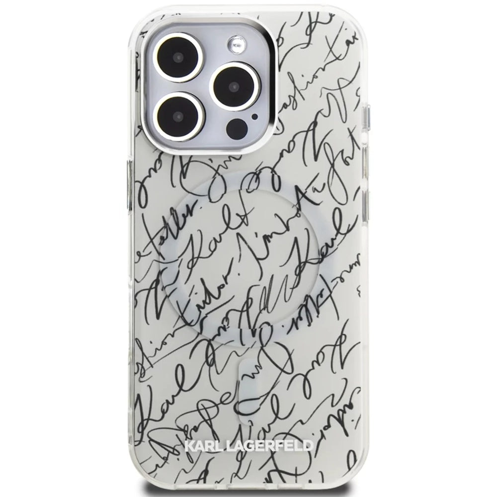 Capa MagSafe para Apple iPhone 16 Pro, Karl Lagerfeld, Padrão IML Karl Script, Branca.