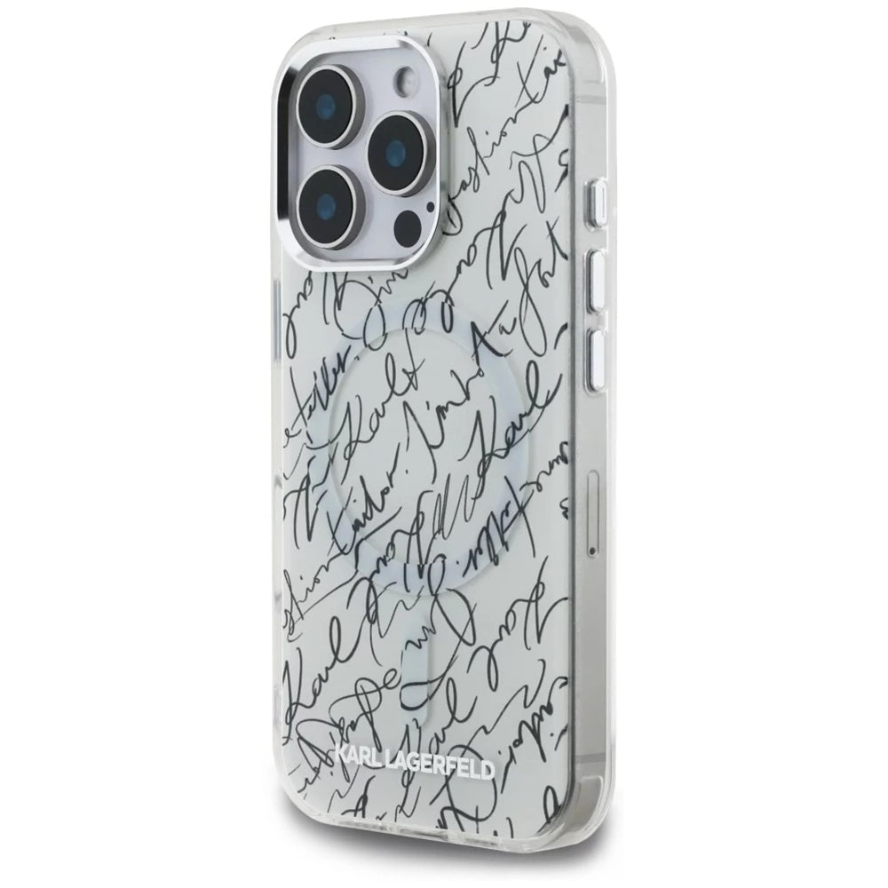 Capa MagSafe para Apple iPhone 16 Pro, Karl Lagerfeld, Padrão IML Karl Script, Branca.