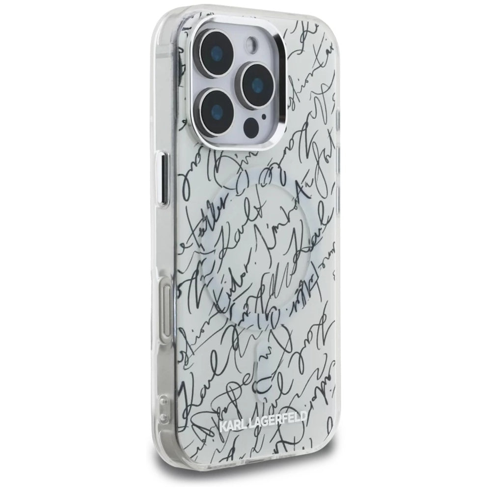 Capa MagSafe para Apple iPhone 16 Pro, Karl Lagerfeld, Padrão IML Karl Script, Branca.