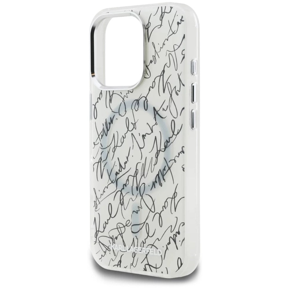 Capa MagSafe para Apple iPhone 16 Pro, Karl Lagerfeld, Padrão IML Karl Script, Branca.