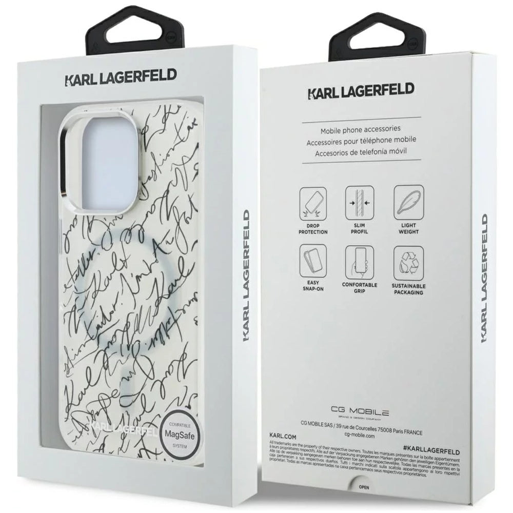Capa MagSafe para Apple iPhone 16 Pro, Karl Lagerfeld, Padrão IML Karl Script, Branca.