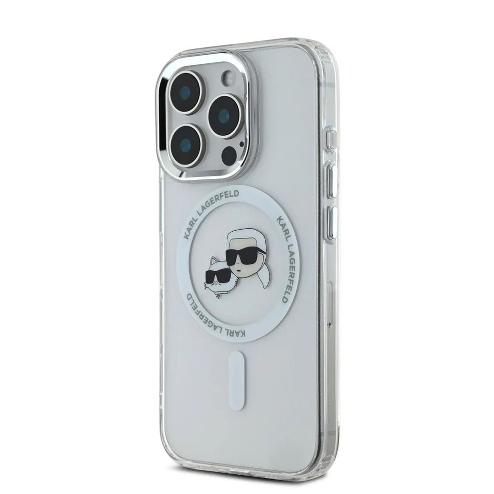 Capa MagSafe para Apple iPhone 16 Pro, Karl Lagerfeld, IML Metal Karl & Choupette's Heads, Branca.