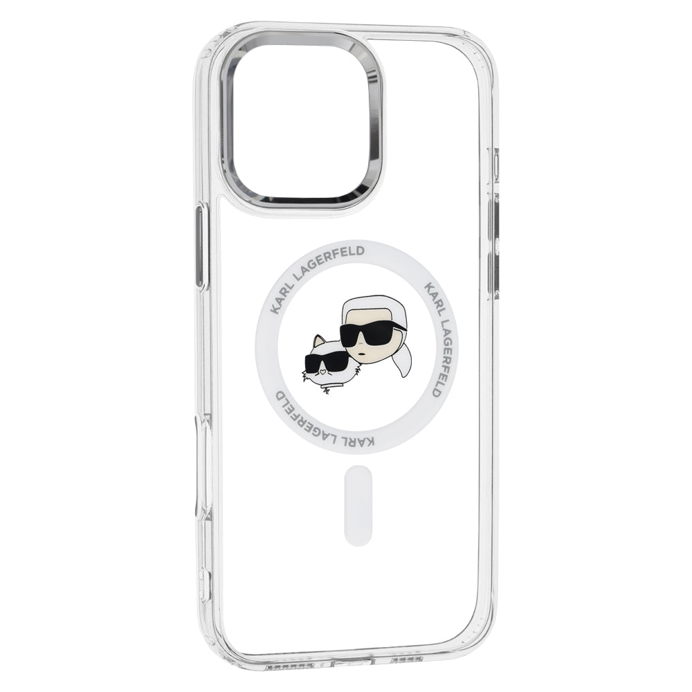 Capa MagSafe para Apple iPhone 16 Pro, Karl Lagerfeld, IML Metal Karl & Choupette's Heads, Branca.