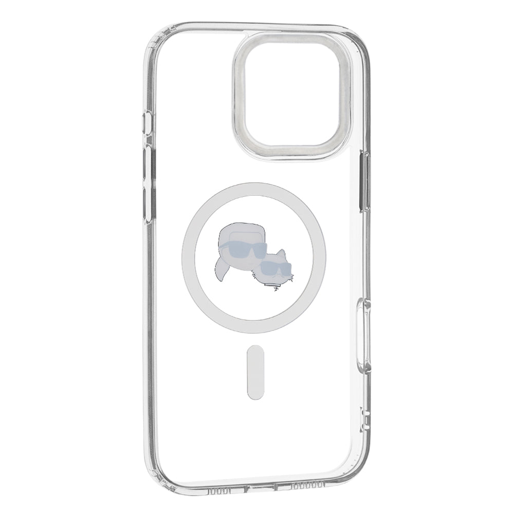 Capa MagSafe para Apple iPhone 16 Pro, Karl Lagerfeld, IML Metal Karl & Choupette's Heads, Branca.