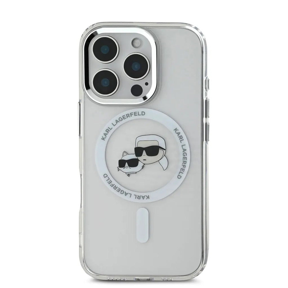 Capa MagSafe para Apple iPhone 16 Pro, Karl Lagerfeld, IML Metal Karl & Choupette's Heads, Branca.