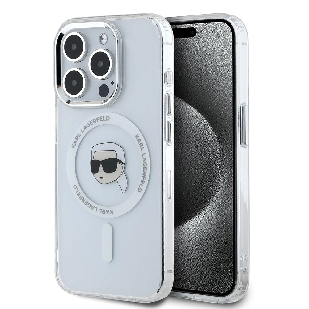 Capa MagSafe para Apple iPhone 16 Pro, Karl Lagerfeld, IML Metal Karl's Head, Branca