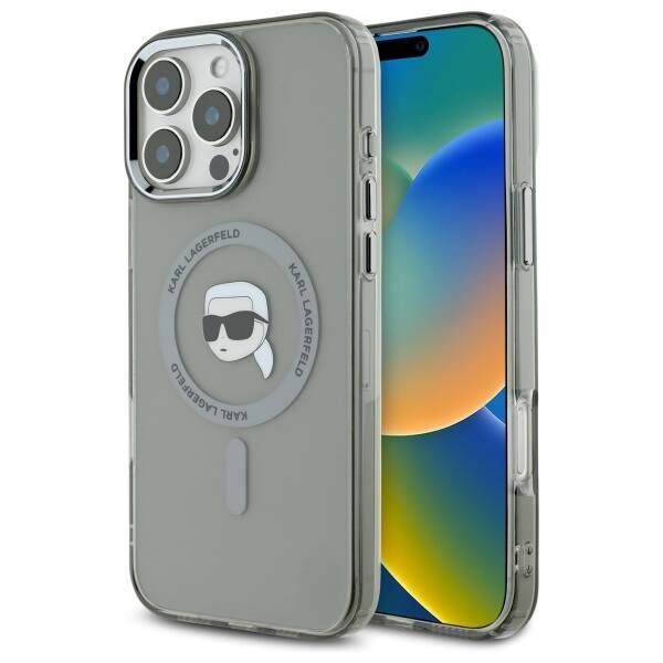 Capa MagSafe para Apple iPhone 16 Pro, Karl Lagerfeld, IML Metal Karl's Head, Preta