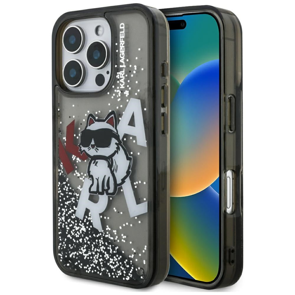 Capa MagSafe para Apple iPhone 16 Pro, Karl Lagerfeld, Liquid Glitter Choupette Logo, Preta