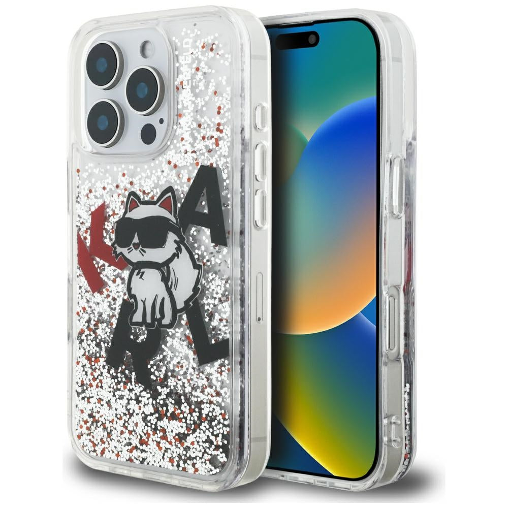 Capa MagSafe para Apple iPhone 16 Pro, Karl Lagerfeld, Liquid Glitter Choupette Logo, Transparente