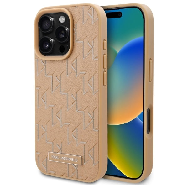 Capa MagSafe para Apple iPhone 16 Pro, Karl Lagerfeld, Monograma Metal Logo, Bege