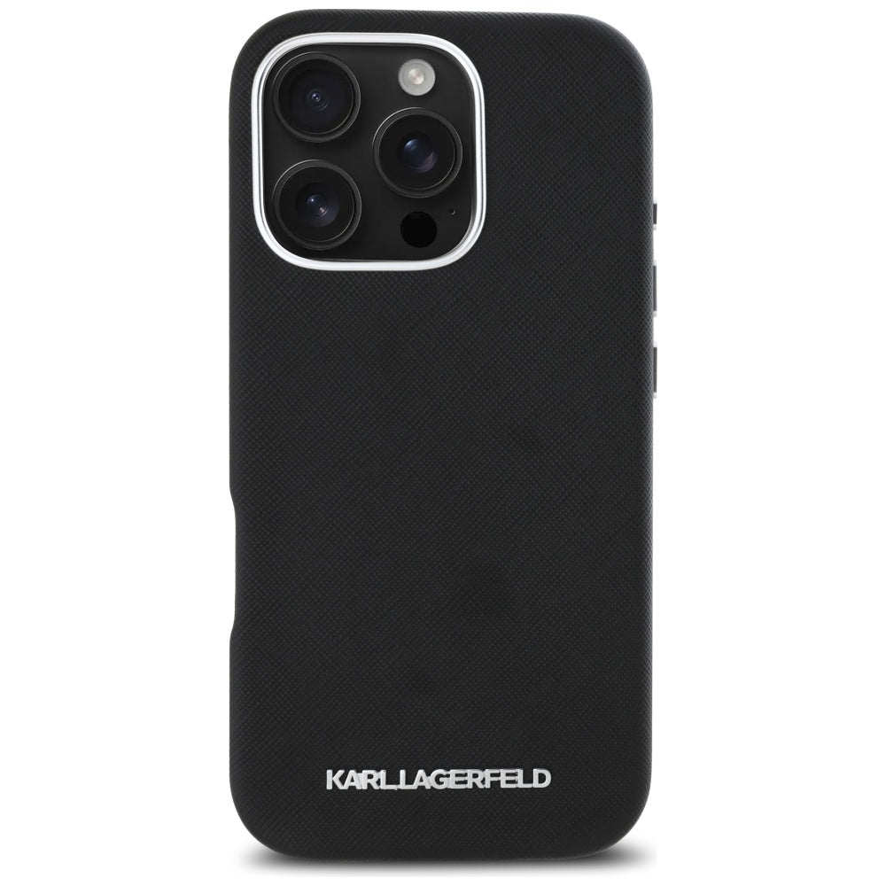 Capa MagSafe para Apple iPhone 16 Pro, Karl Lagerfeld, Saffiano Full Wrapped Elongated Metal Logo, Preta