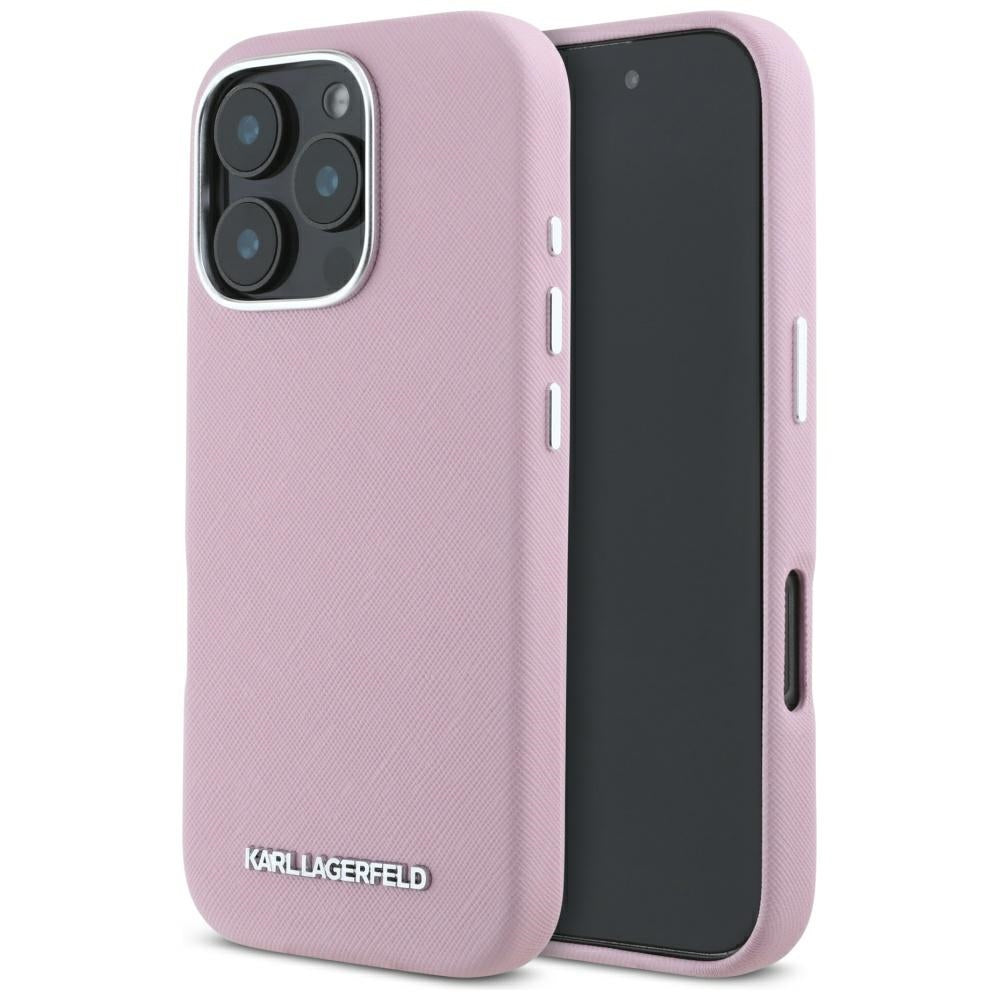 Capa MagSafe para Apple iPhone 16 Pro, Karl Lagerfeld, Saffiano Full Wrapped Elongated Metal Logo, Rosa